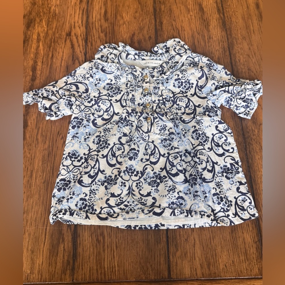 Janie and Jack Collared Blue Floral Girls Top with Gold Buttons